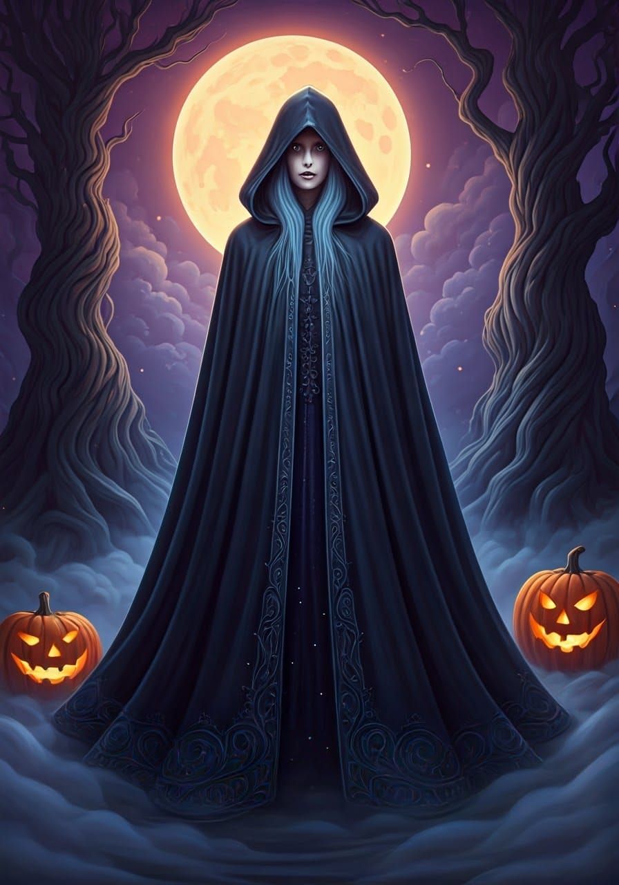 Mystical Halloween Witch in a Dark Landscape