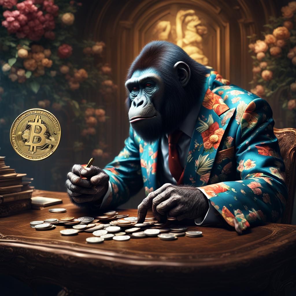 Ape in Floral Suit Holding Coin, Detailed Matte Painting