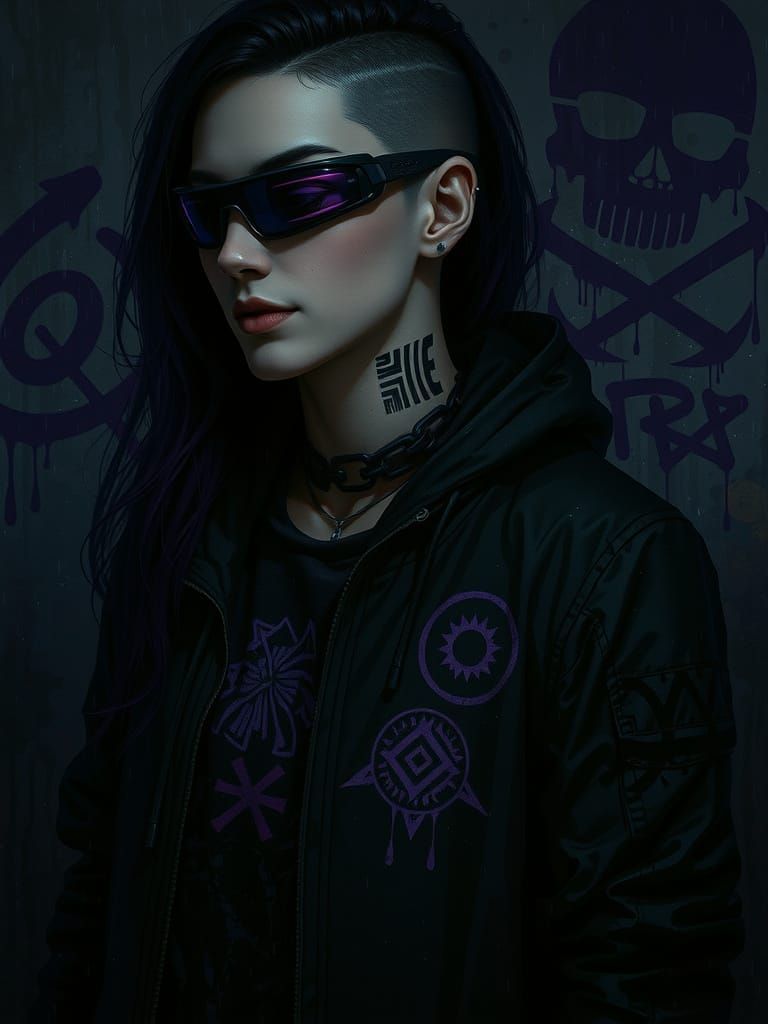 Cyberpunk Vampire Hacker Portrait in Neon-Noir Style