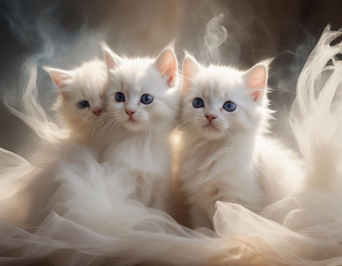 Watercolor Himalayan Kittens Playing with Tulle