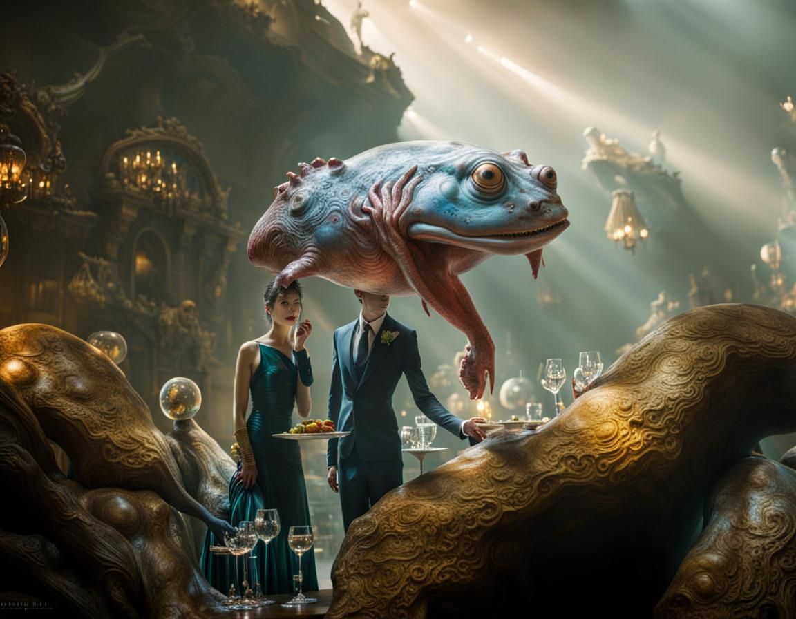 Surreal Restaurant Scene with Exotic Aliens in Professional ...