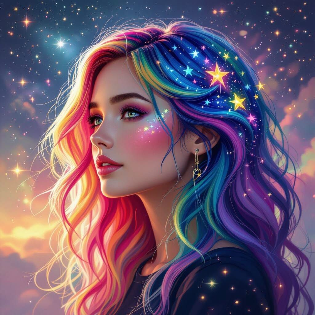 Celestial Portrait of Lady with Rainbow Hair