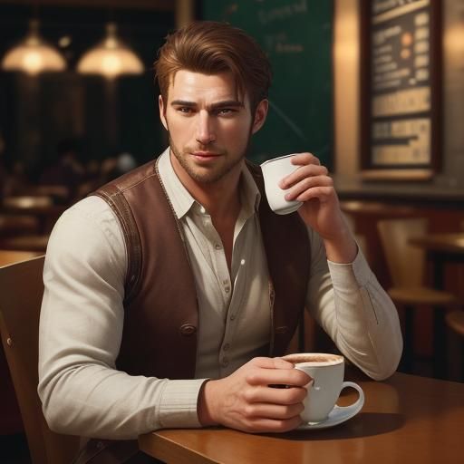 Handsome Man Enjoying Hot Cocoa: Hyperrealistic Splash Art