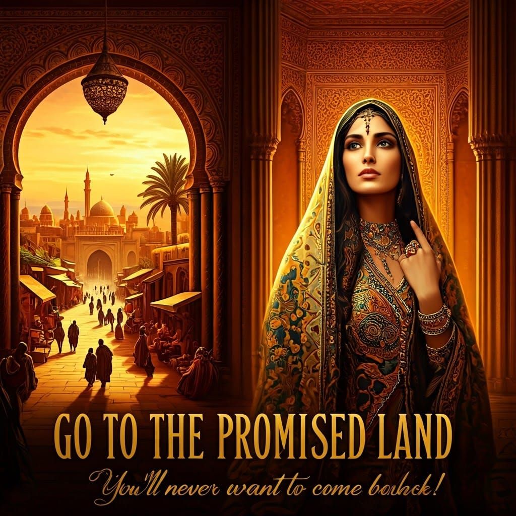 Golden Middle Eastern Cityscape: Art Nouveau Travel Poster