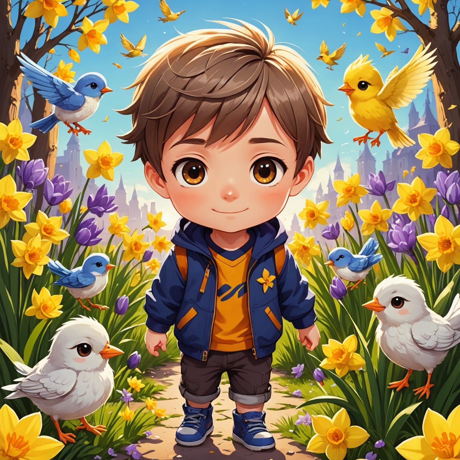 Cheerful Chibi Boy in Sunny Dawn