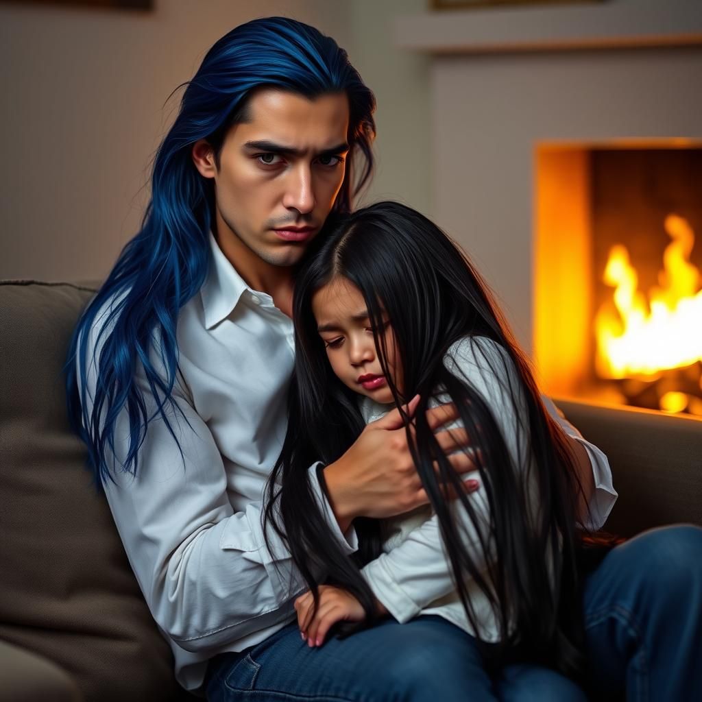 Worried Man Comforts Crying Girl by Fireplace