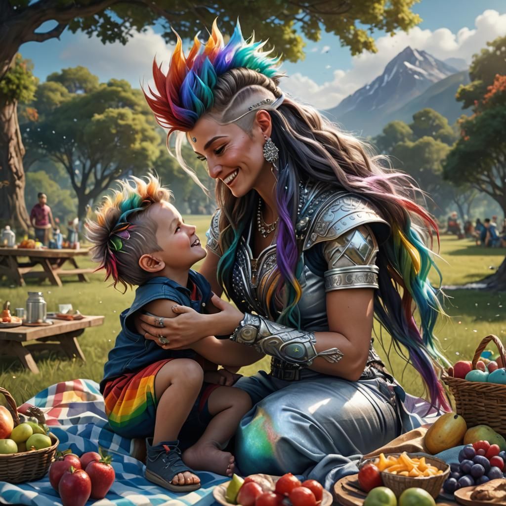 Rainbow Haired Woman and Son: Fantasy Art