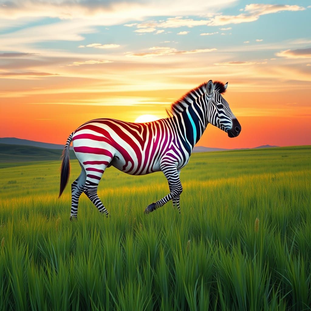 Turquoise Zebra Roams Emerald Plateau at Sunset