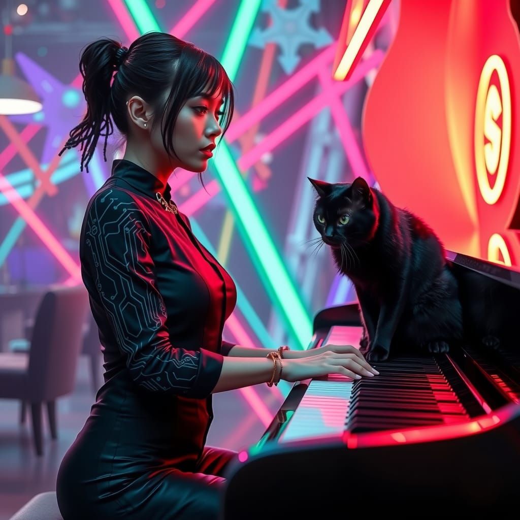 Cyberpunk Pianist with Black Cat in Neon Bar