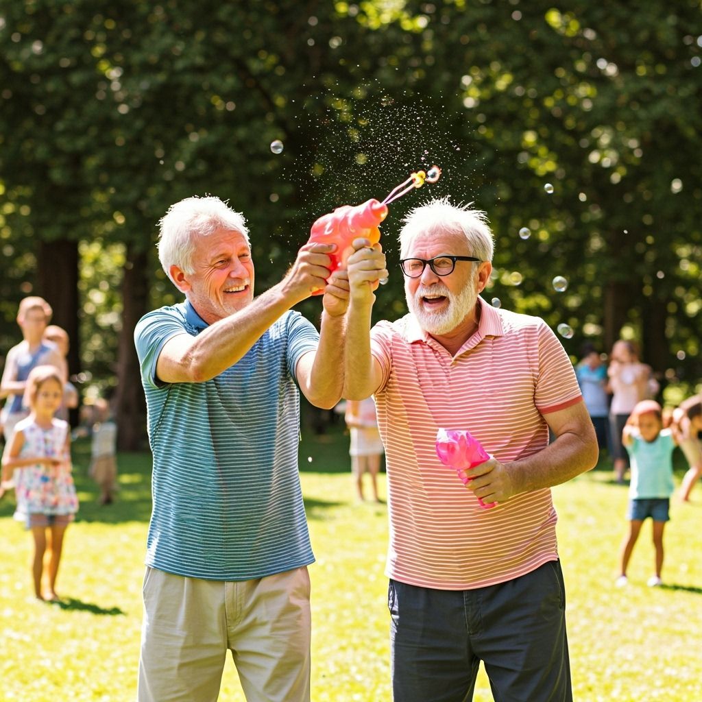 Elderly Friends Engage in Bubble Gun Fight