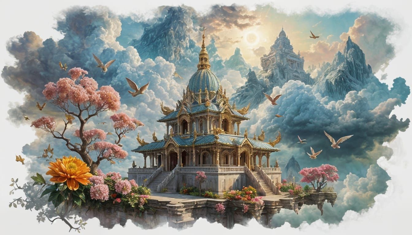 Temple of dreams nestled in heavenly clouds
