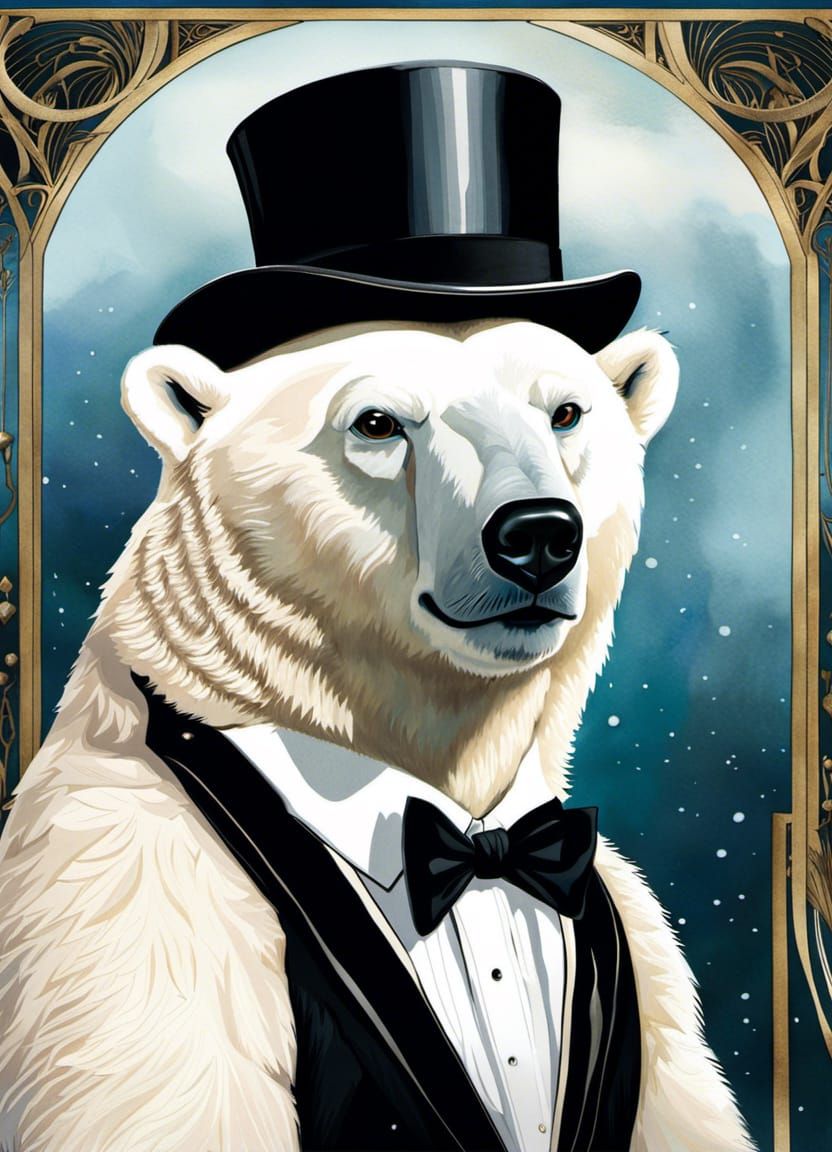 Polar Bear in Tuxedo: 1920s Watercolor Movie Poster