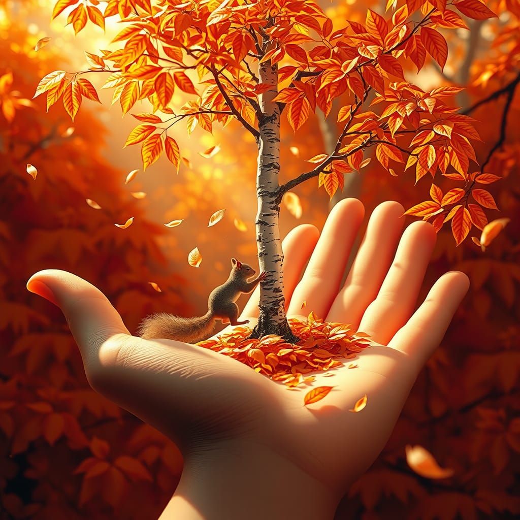 a birch tree and a squirrel in the hand