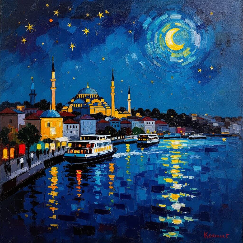 Bosphorus Istanbul at Night: Oil Painting with Palette Knife