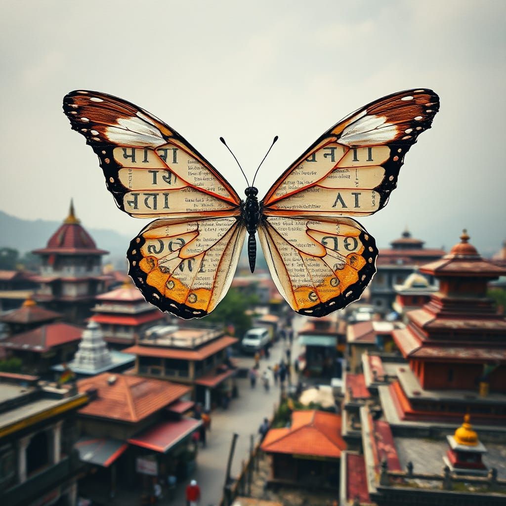 Surrealist Butterfly in Kathmandu Cityscape
