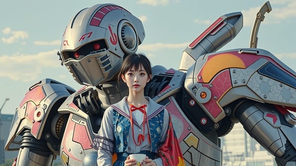 Cyberpunk School Girl Sips Coffee Beside a Glowing Robot