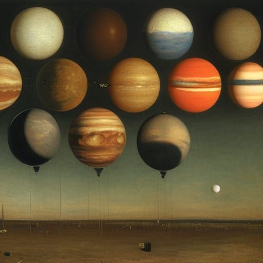 Solar System Planets as Balloons in Oil Painting