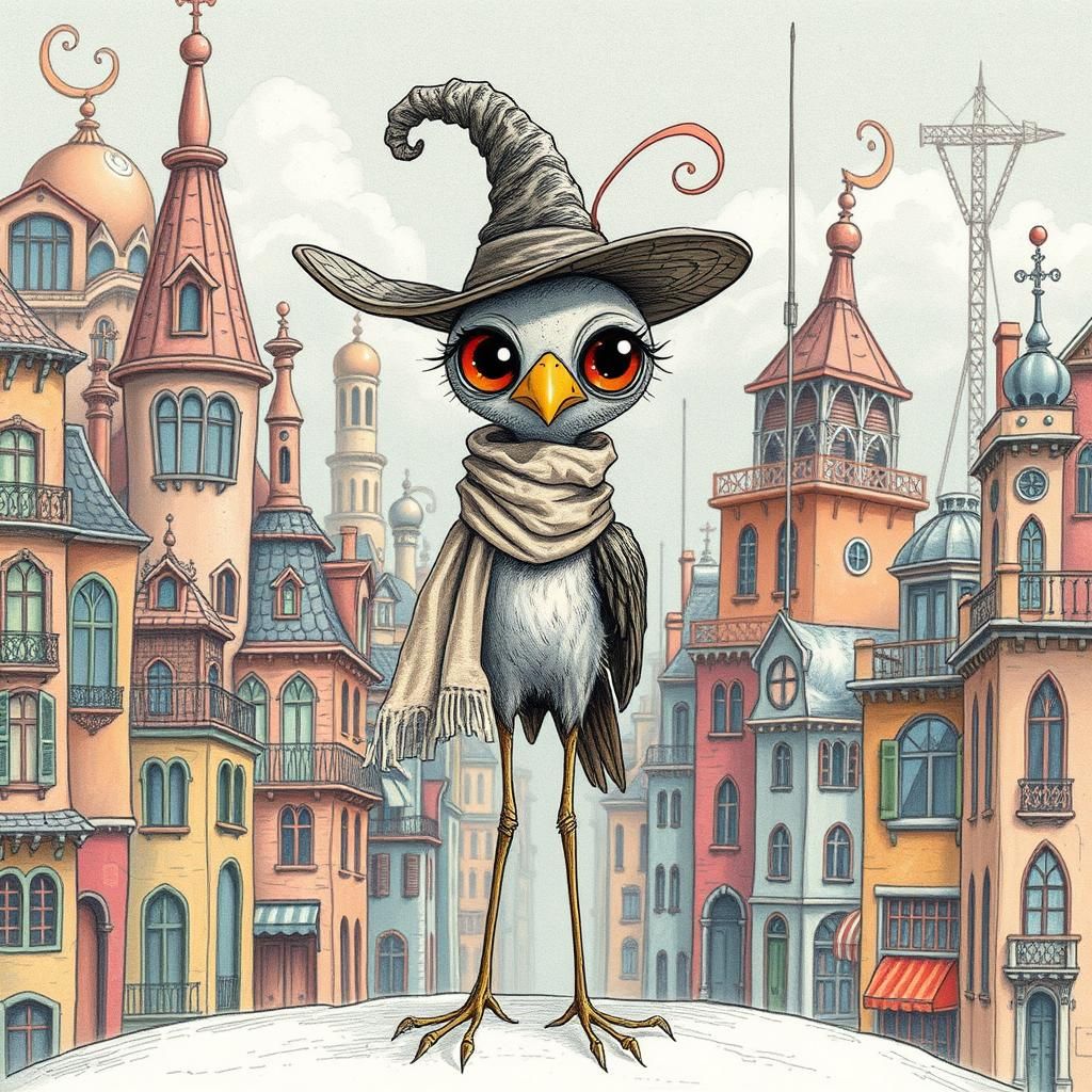 Whimsical Bird in Big-Eyed City: Dreamlike Illustration