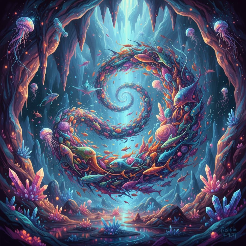 Bioluminescent Swarm of Animals and Crystals in Cosmic Caver...