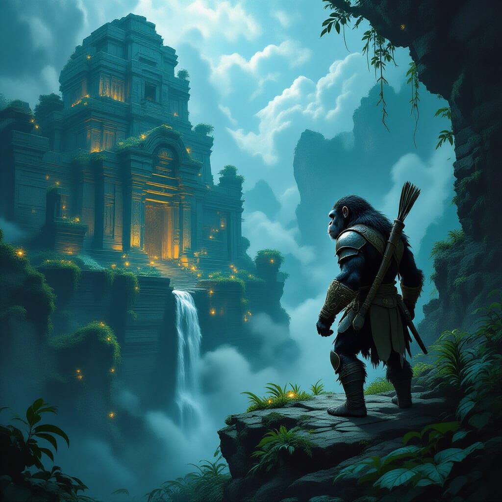 Chimp Warrior at Ancient Ruin Overgrown with Glowing Flora