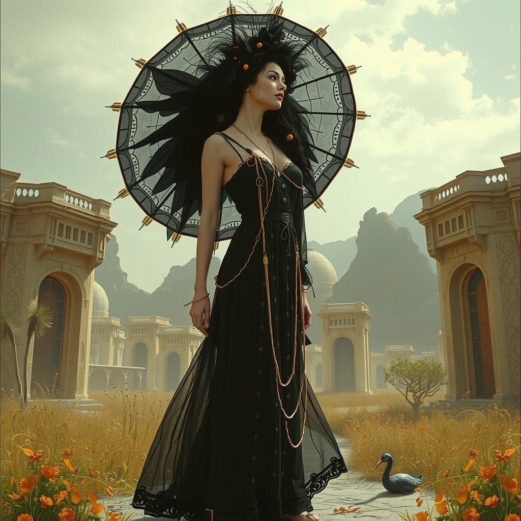 Gothic Woman in Elegant Black Attire with Gilded Accents