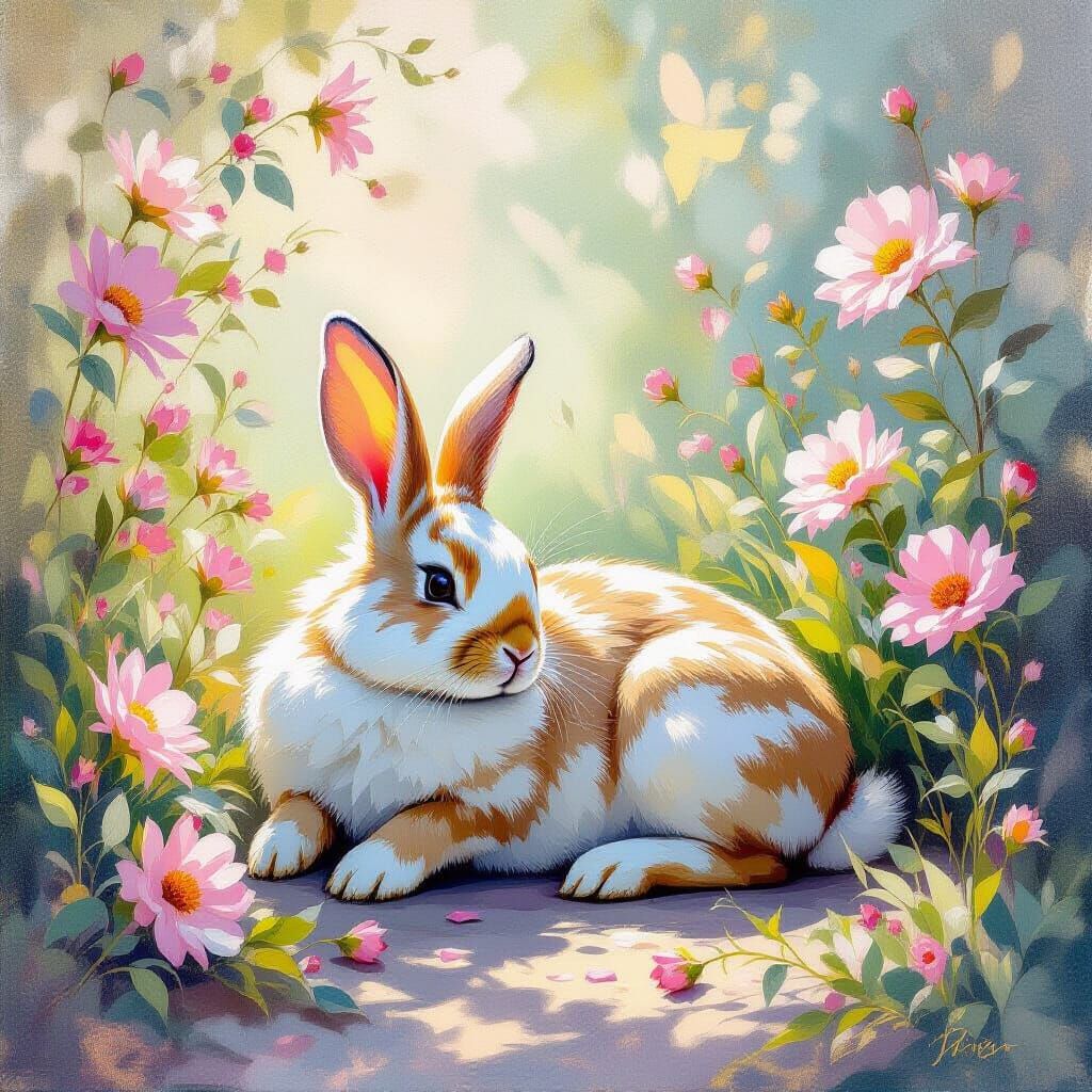 Bunny Resting: Impressionist Rococo Painting