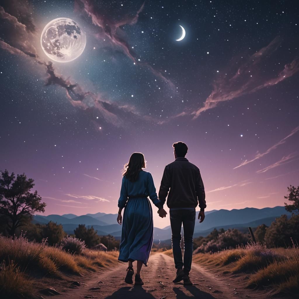 Romantic Couple Under Starry Sky: Cinematic Film Still