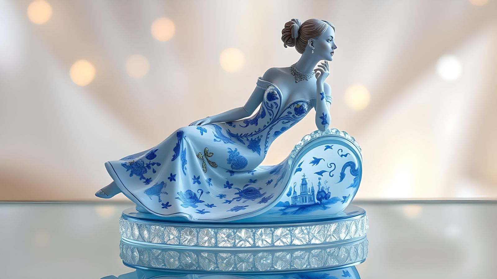 Enameled Blue Glass Figurine on Mirrored Display