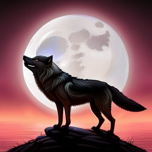 Realistic Black Timber Wolf at River Under Neon Moon