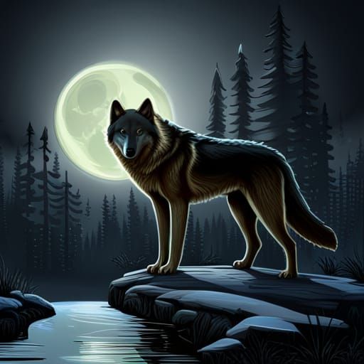 Realistic Black Wolf at River in Neon Style