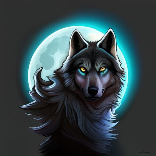 Realistic Black Timber Wolf at River with Moon