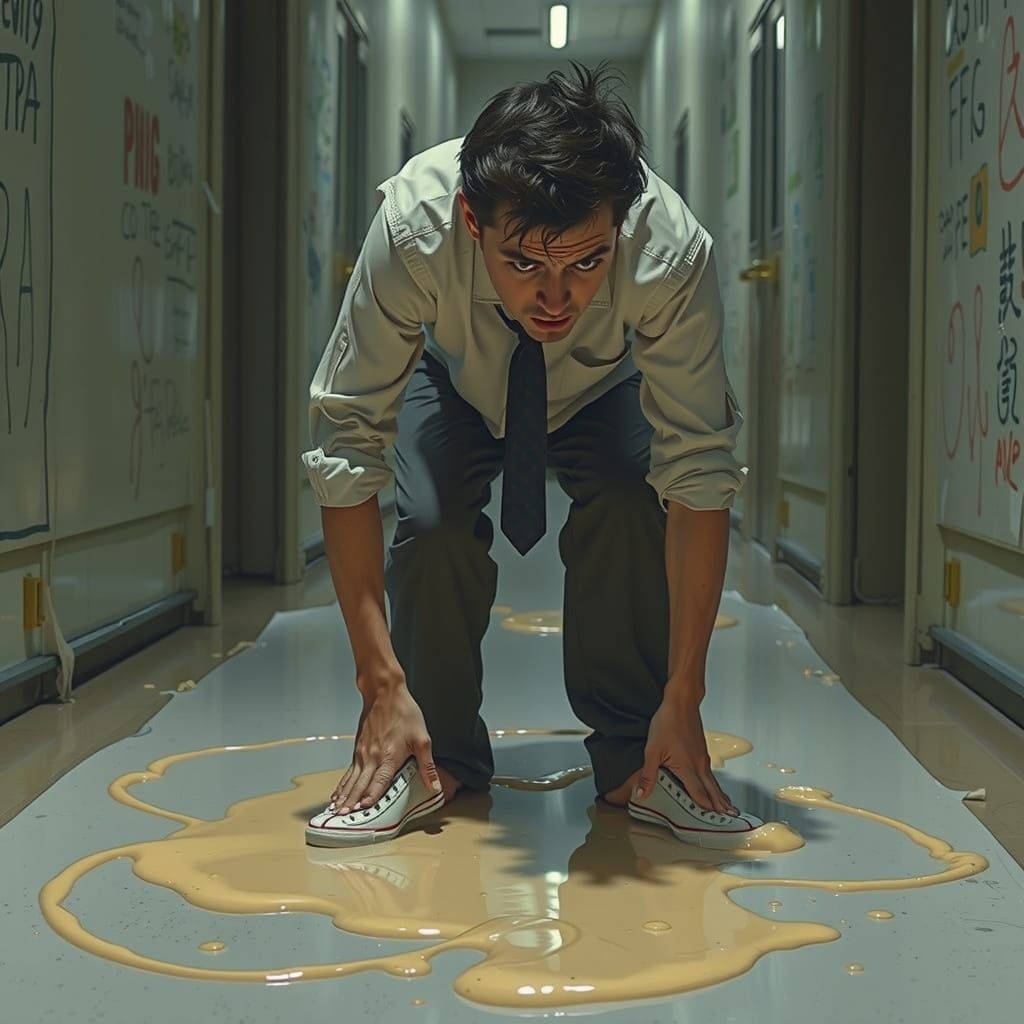 Frustrated Man Trapped in Shimmering Glue Nightmare