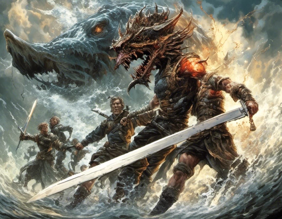 <lora:Dark fantasy realism:1.0> One man stabbing another man in the chest with a swordfish. Mark Brooks and Dan Mumford,...