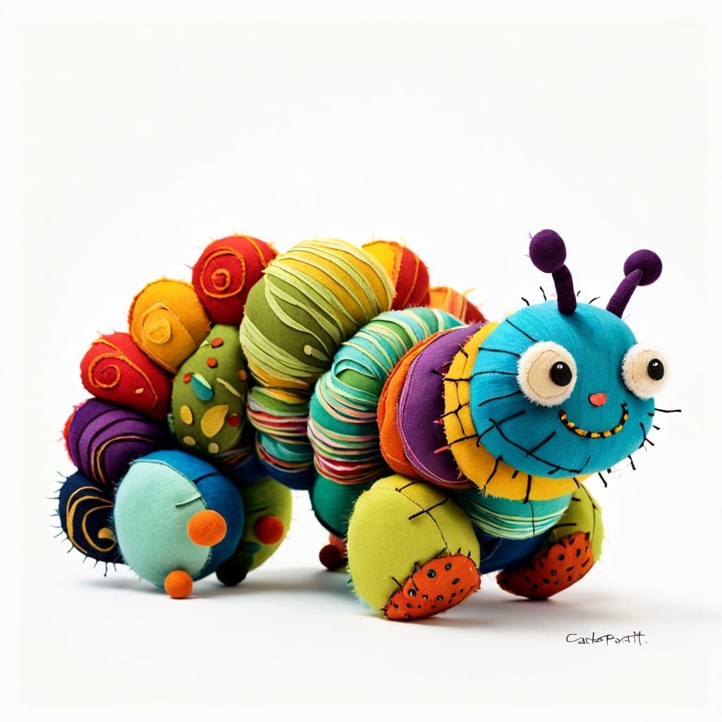 Whimsical Fabric Creatures Amidst Vibrant Textures