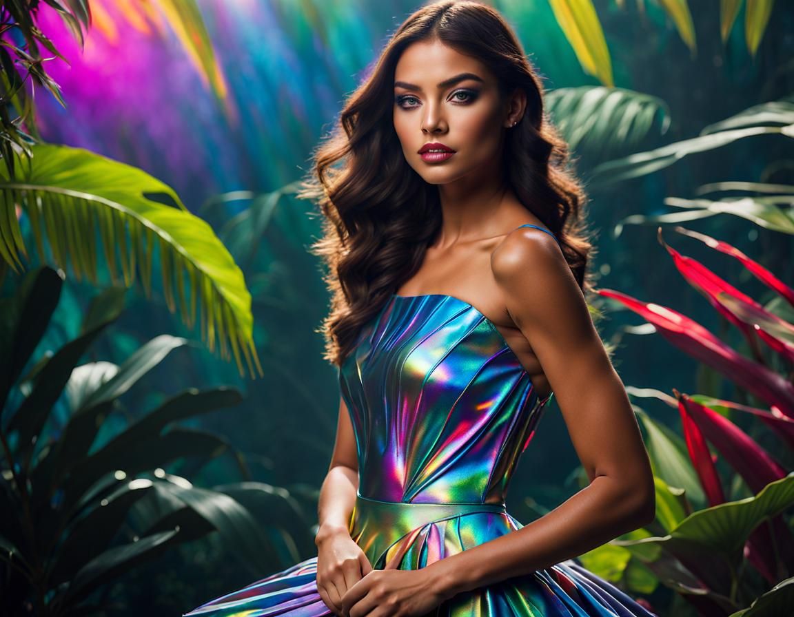 Woman wearing epic holographic sculpted fabric art dress