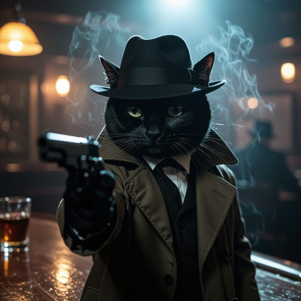 Noir Cat Detective in Smoky Bar