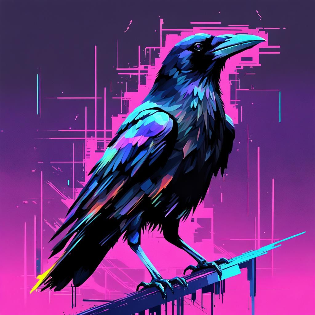 Neon Crow in Tachisme Glitch Art Style