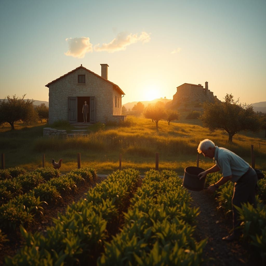 Portuguese Schist House Under Warm Evening Sunlight