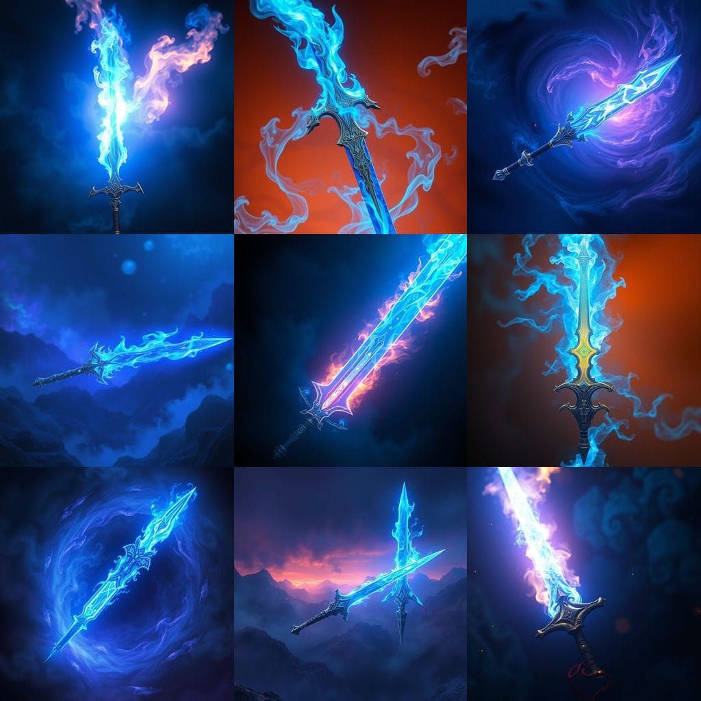 Mystical Blue Flame Sword in Detailed Digital Art