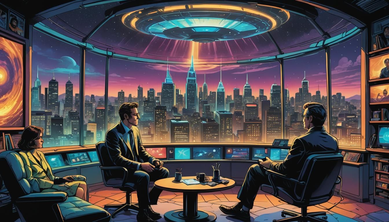 UFO Witness on Talk Show in Comic Book Art