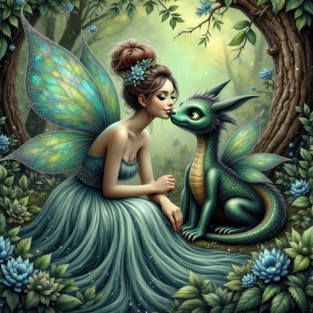 Fairy Kisses Dragon in Enchanted Forest