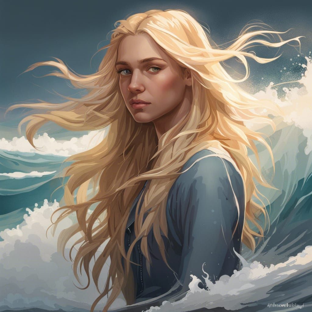 Teenage Girl Portrait in Waves, Hyperdetailed Concept Art