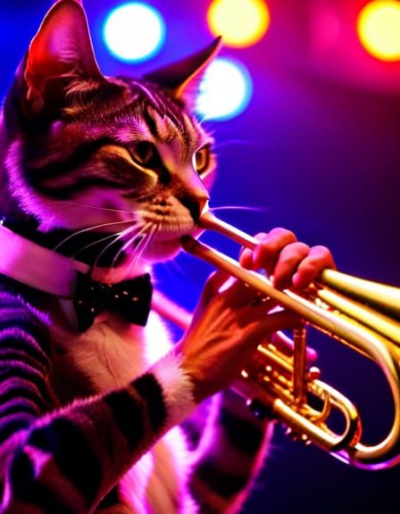 Cat Playing Trumpet on Stage in Jazz Club