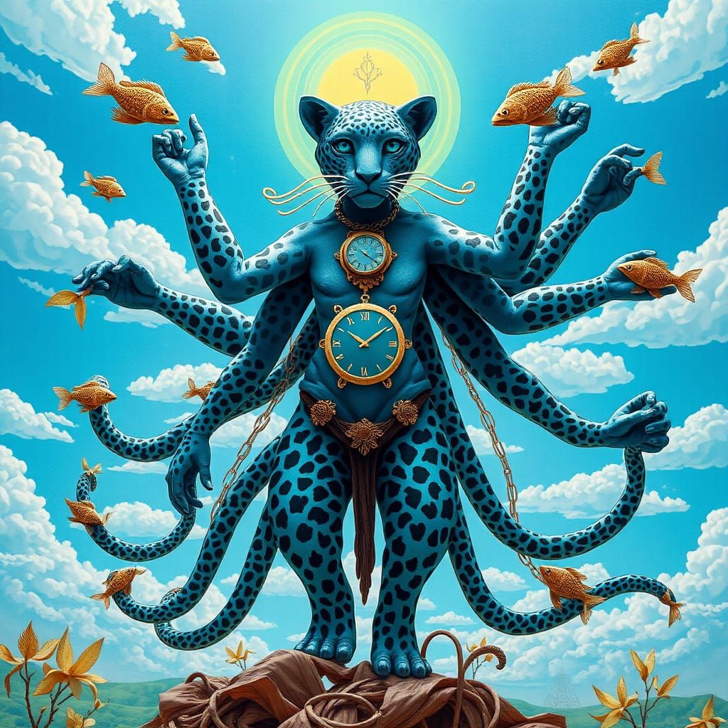 Surreal Leopard Shaman in Dreamlike Sky, Biomechanical Art