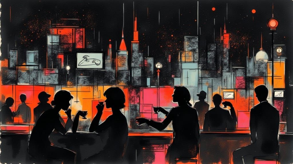 Abstract Collage of Bar Scene with Ink Stains