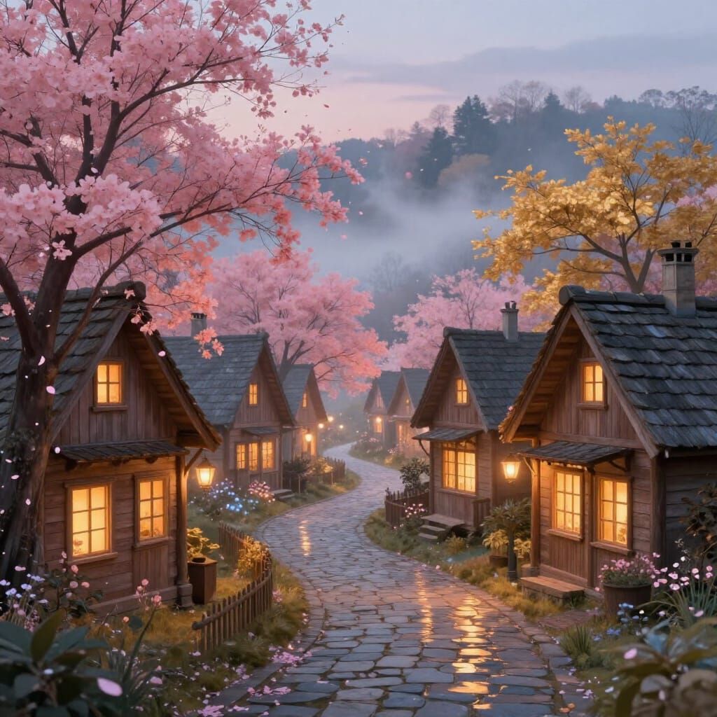 Enchanting Storybook Village at Dusk in Painterly Style