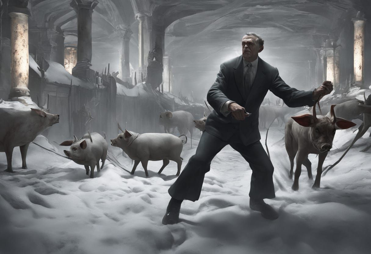 President Negotiates with Satan Amidst Eerie Pig and Dog Fig...