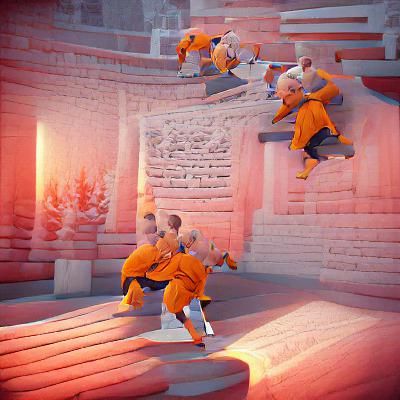 Shaolin Monks Training at Temple with Blossoms