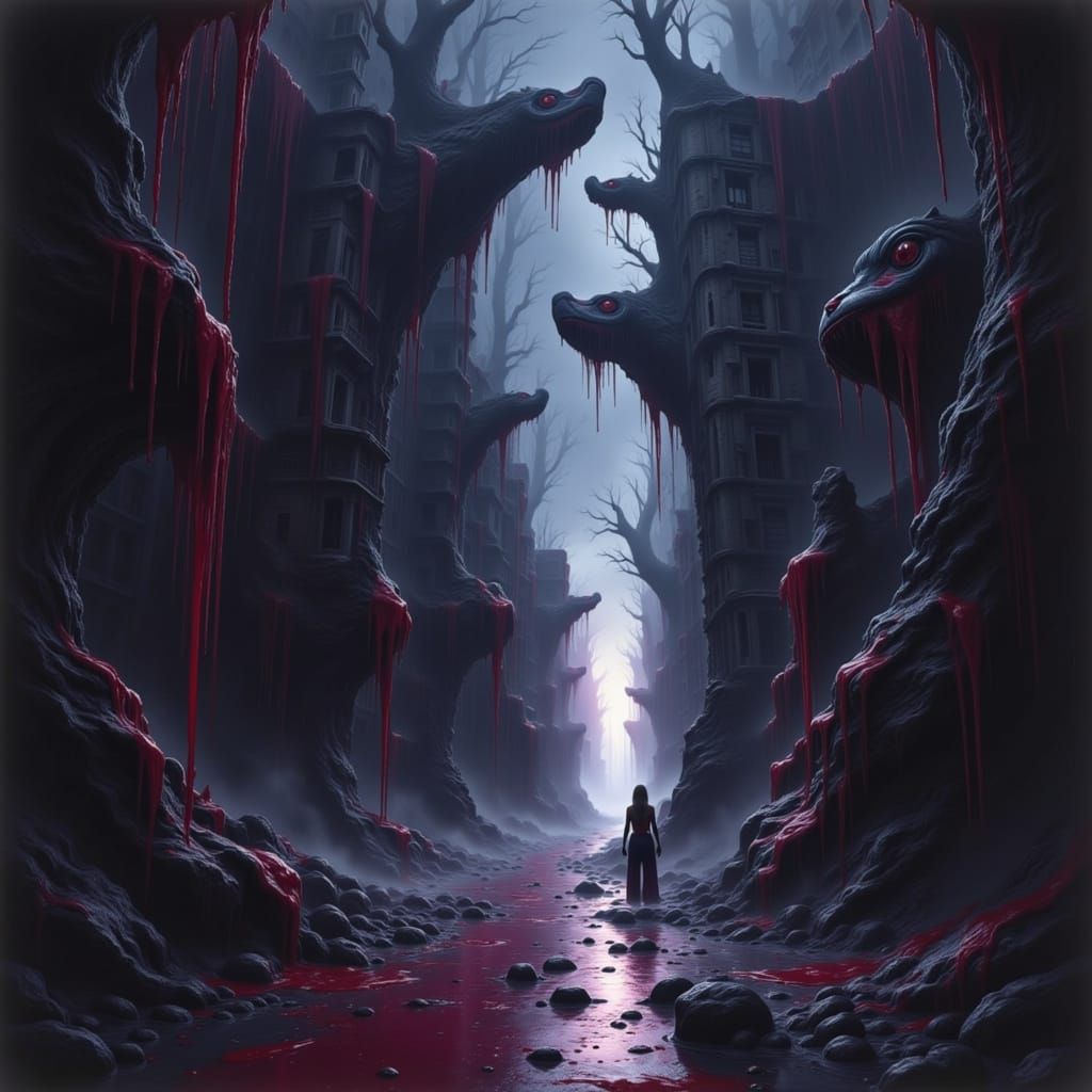 Nightmare Cityscape with Starlight Rivers and Weeping Gargoy...