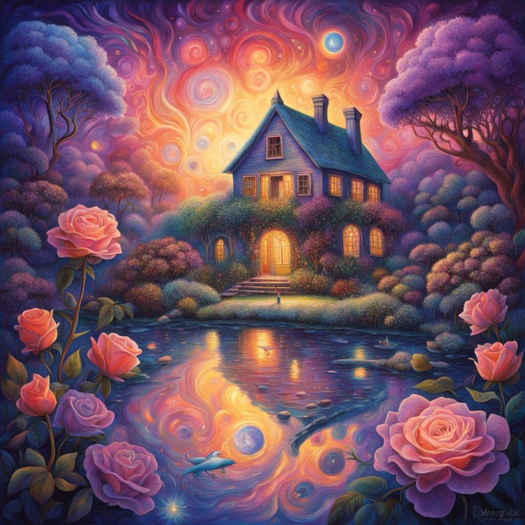 Surreal Cottage Scene in Vibrant Astral Colors
